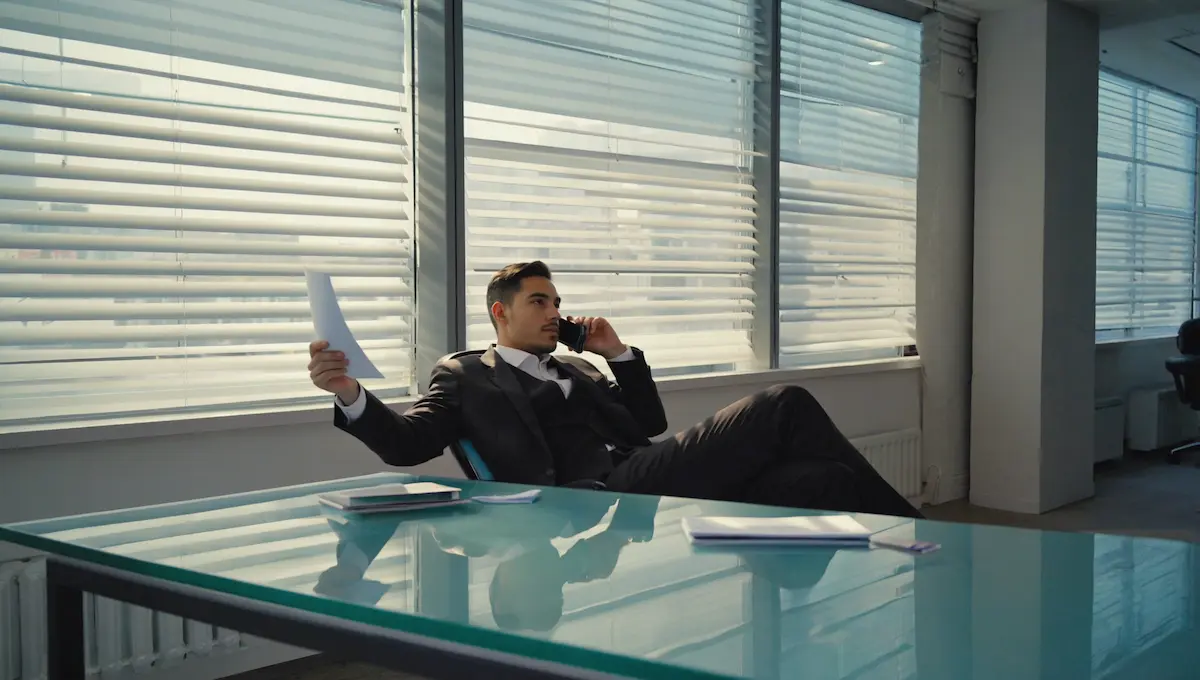 A professionally dressed man in a dark suit reclines at a glass desk, holding a document in one hand while speaking on a phone. He's positioned near large windows with horizontal blinds in what appears to be a modern office setting.